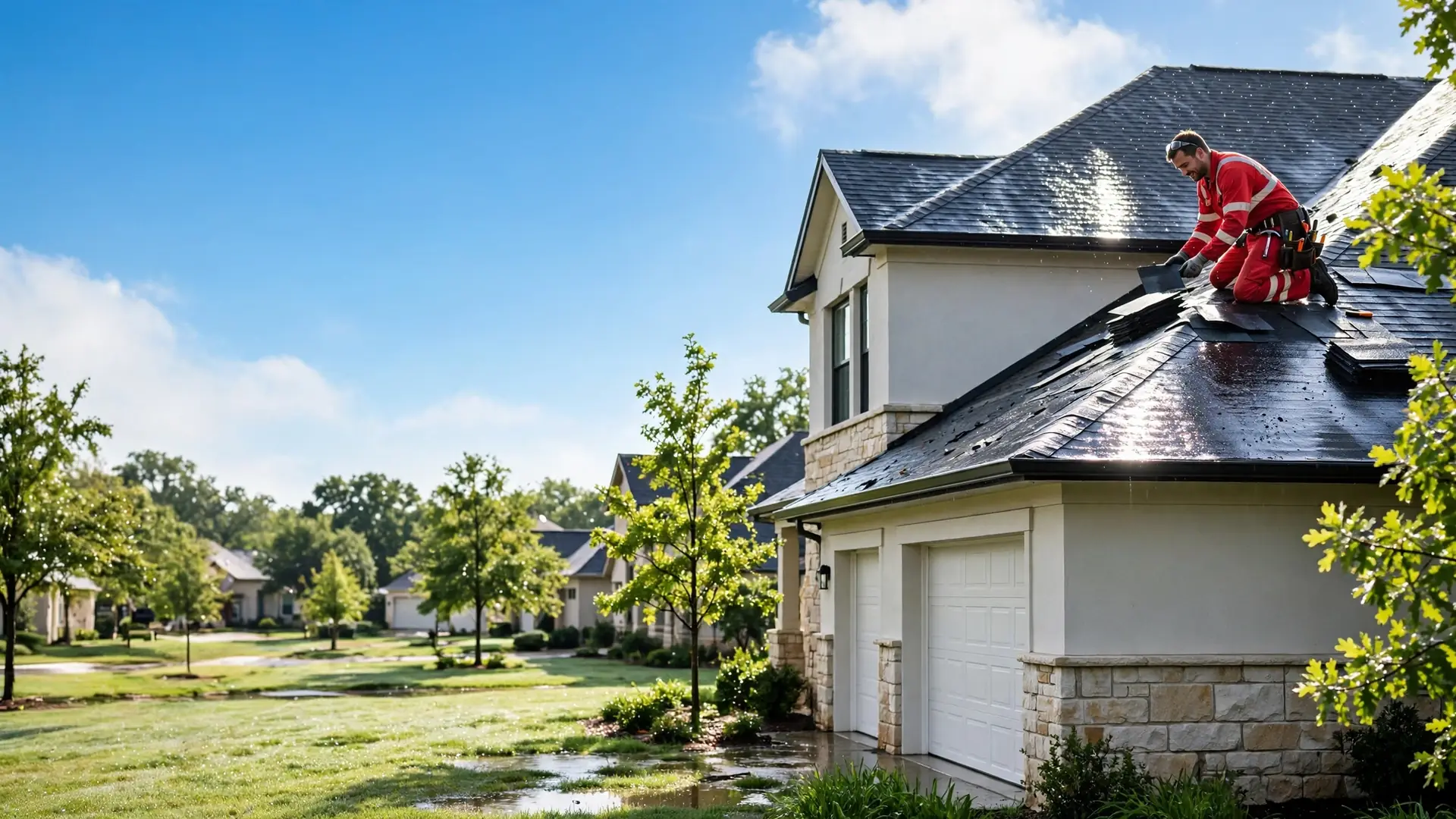 Roofer replacing shingles on a suburban home roof