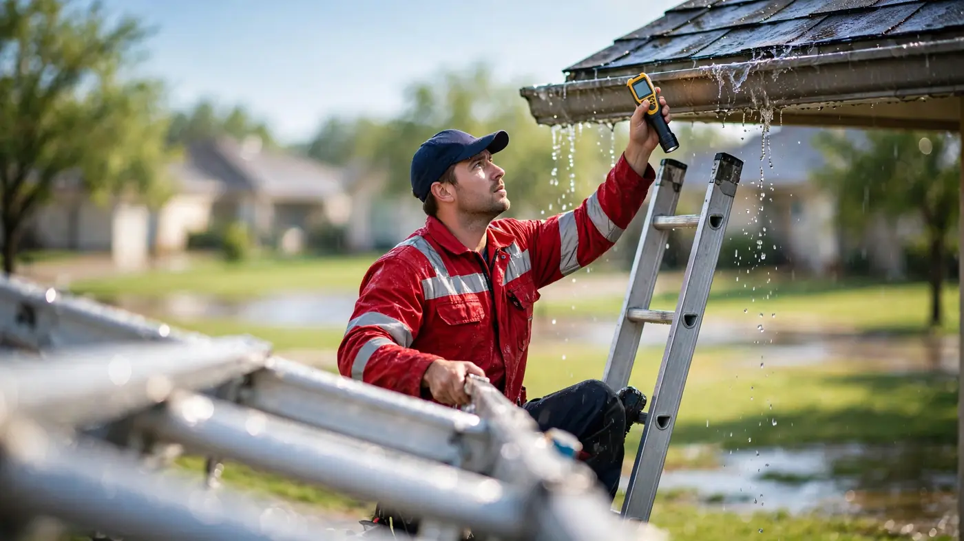 Roofer checking a wet roof edge with a moisture meter to find a roof leak