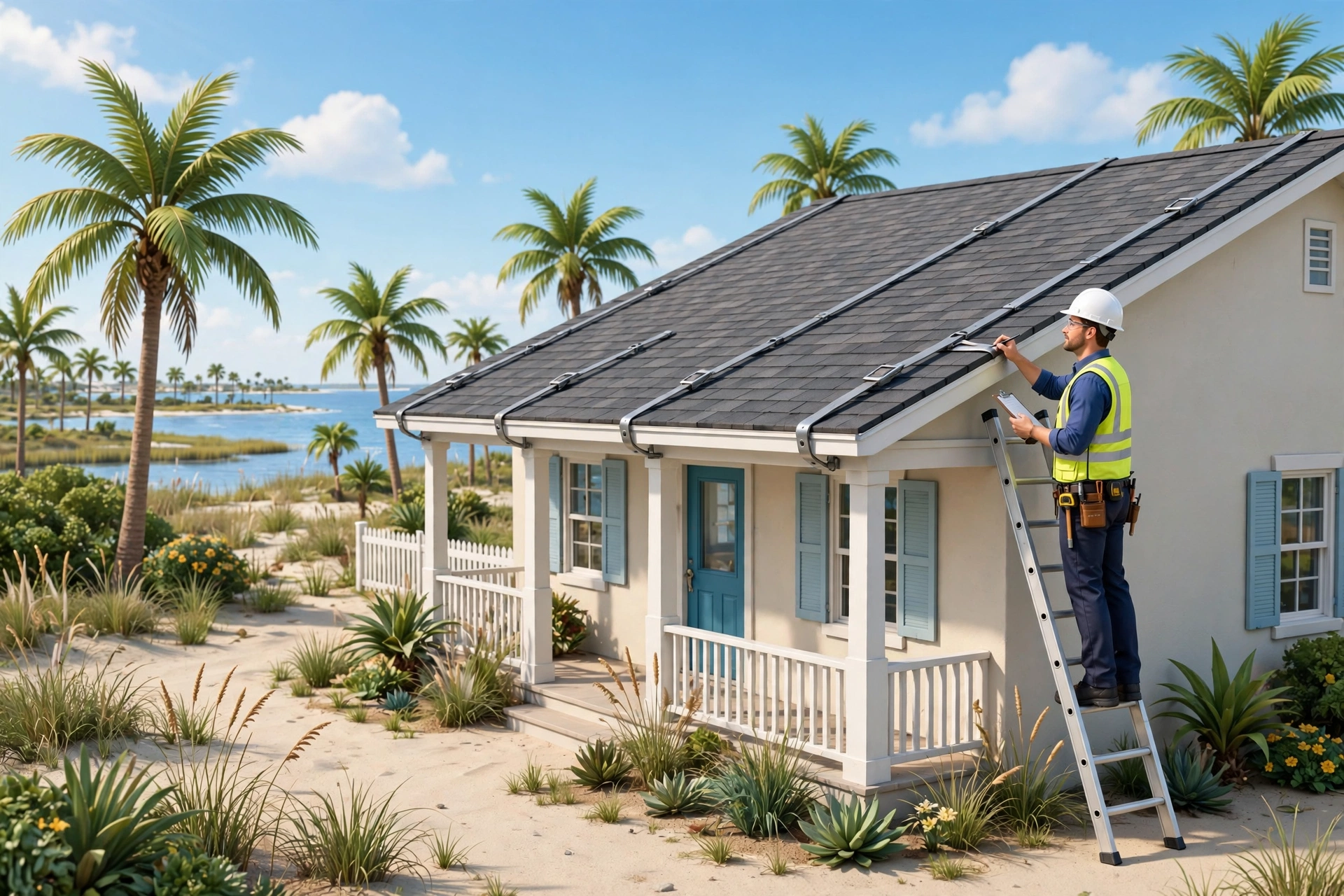 Roof inspection for windstorm compliance on a Galveston County coastal home
