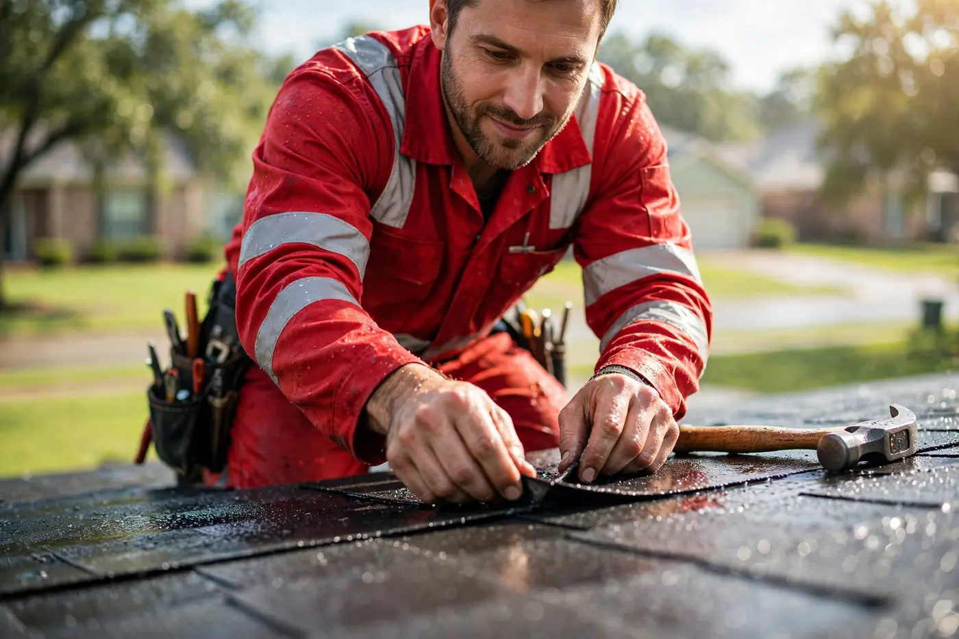 Roofer inspecting a roof edge during a pre-purchase roof inspection in Texas City